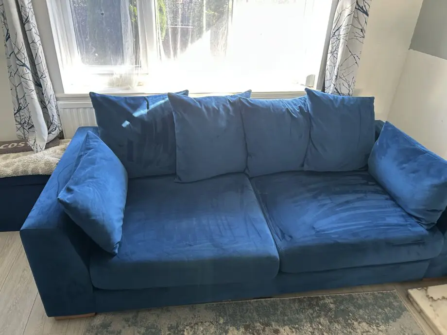 DFS Plush Velvet Formal Back Right Hand Facing Small Chaise End Sofa & P Plush Velvet Pillow Back 3 Seater Sofa