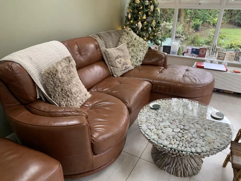 All leather 3seat sofa with chaise and swivel chair + footstool/ storage