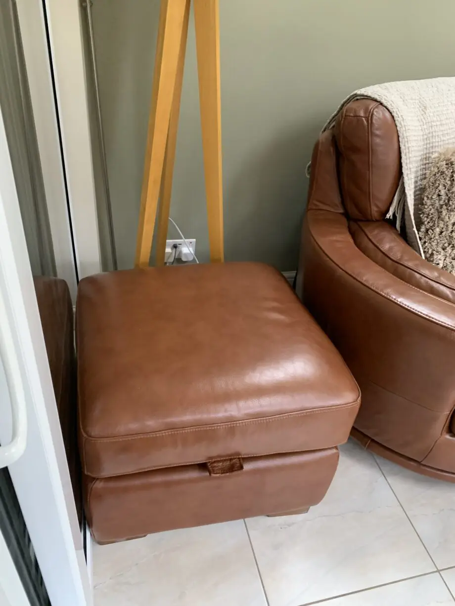 All leather 3seat sofa with chaise and swivel chair + footstool/ storage
