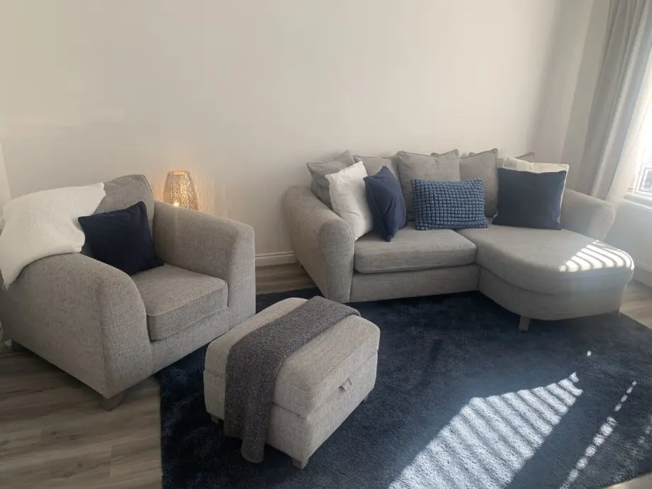 DFS, grey, Lorella, pillow back 4 seat sofa, arm chair & storage footstool.