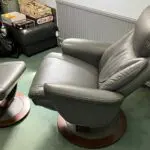 Lazboy Grey leather swivel recliner chairs and foot stools