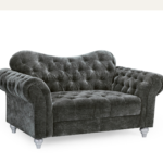 Grey velour Chesterfield 2/3 seater sofa and puffa