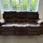 4 PIECE SOFA BUNDLE! SCS Brown Suede Sofa Set (2x 3 Seater Manual Recliner, 1x Rocker Manual Recliner & Footstool)