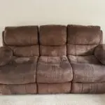 4 PIECE SOFA BUNDLE! SCS Brown Suede Sofa Set (2x 3 Seater Manual Recliner, 1x Rocker Manual Recliner & Footstool)