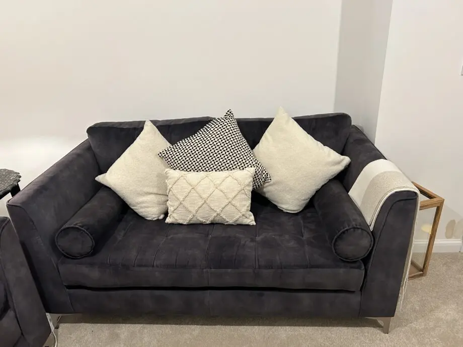 2 x 3 Seater Sofas Charcoal Grey with 4 Roller Cushions Harveys Furniture