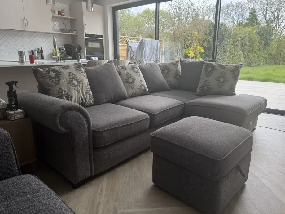 Fabb Furniture Charcoal Grey Sofa Set (Chaise + Storage Footstool + Cuddle Chair)