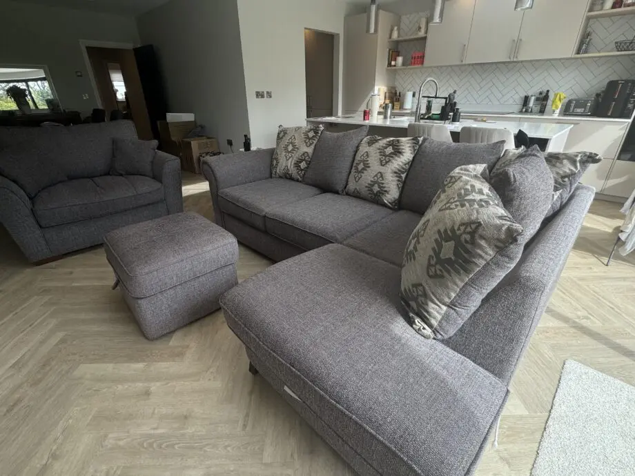 Fabb Furniture Charcoal Grey Sofa Set (Chaise + Storage Footstool + Cuddle Chair)