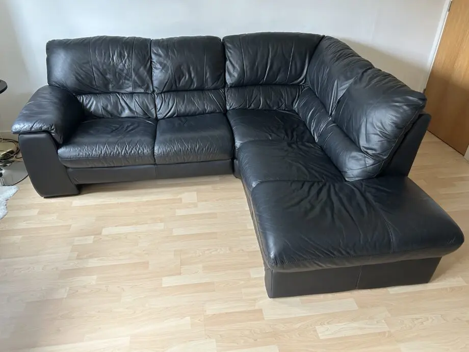 DFS Black Leather corner sofa with chaise