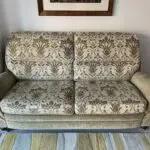 Vale / Bridgecraft 3 seater sofa in green fabric. Cushions are floral pattern.