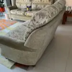 Vale / Bridgecraft 3 seater sofa in green fabric. Cushions are floral pattern.
