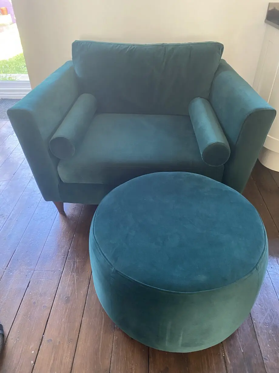 Langton’ Joules, DFS green velvet cuddle chair (large chair/small sofa) with Large round footrest