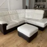 DFS Leather corner sofa, chair and footstool