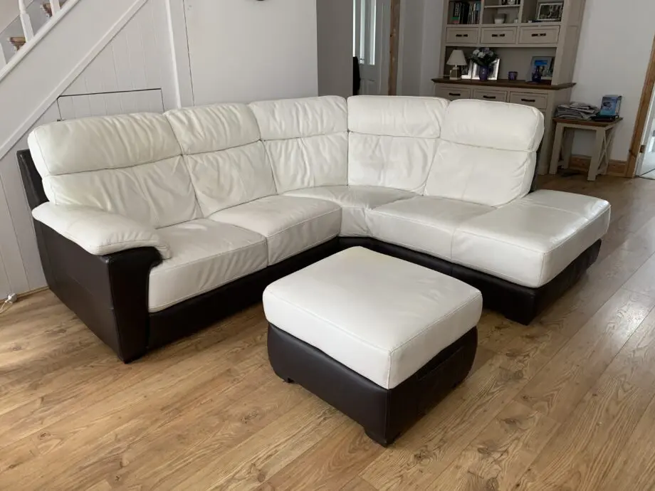 DFS Leather corner sofa, chair and footstool