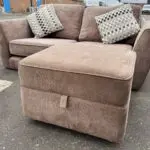 Beige/brown 3 seater & 2 seater sofa, foot stall and pillows