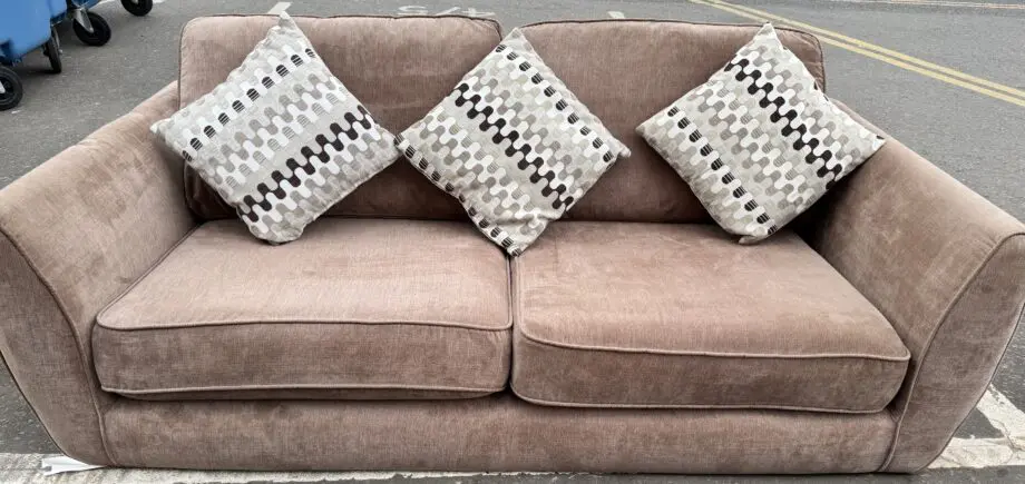 Beige/brown 3 seater & 2 seater sofa, foot stall and pillows