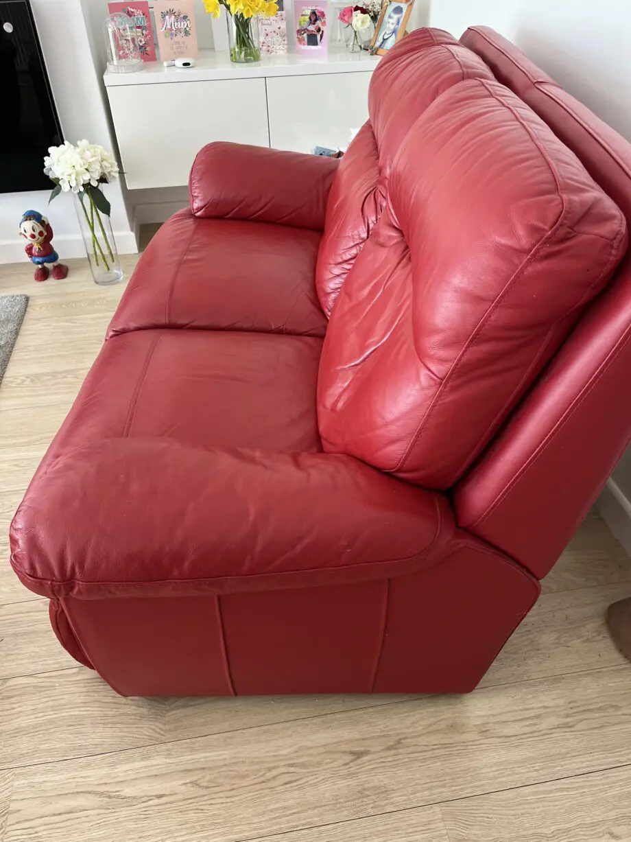 DFS, red leather, 2 seater sofas