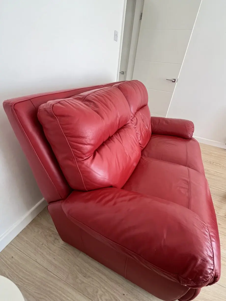 DFS, red leather, 2 seater sofas