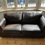 Next Dark Brown Leather 2 seater Sofa with dark wooden block feet