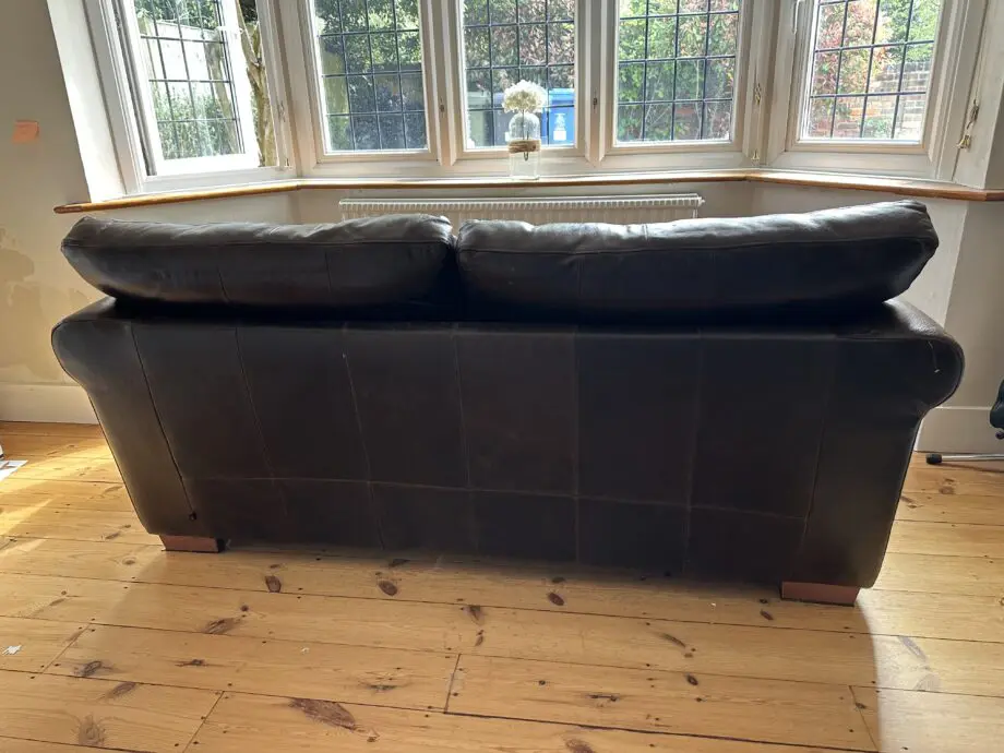 Next Dark Brown Leather 2 seater Sofa with dark wooden block feet