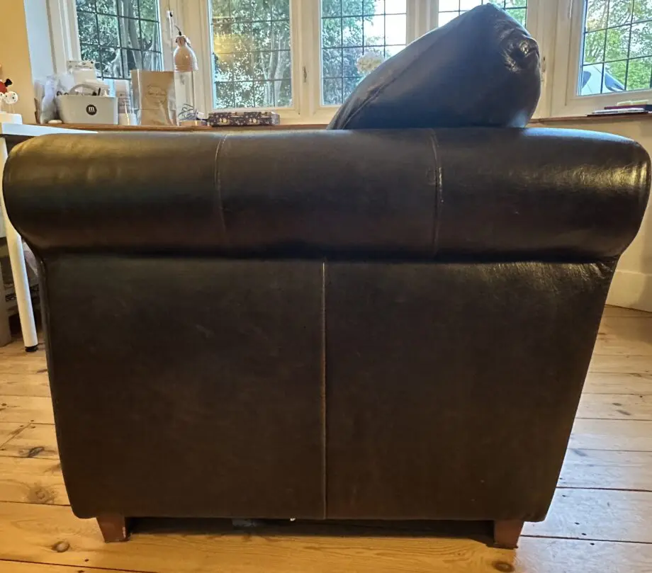 Next Dark Brown Leather 2 seater Sofa with dark wooden block feet