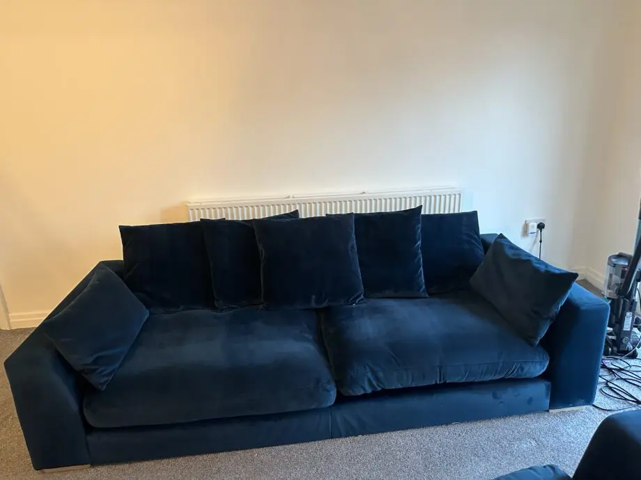 Dfs blue plush sofas 4 seater and 3 seater with footstool