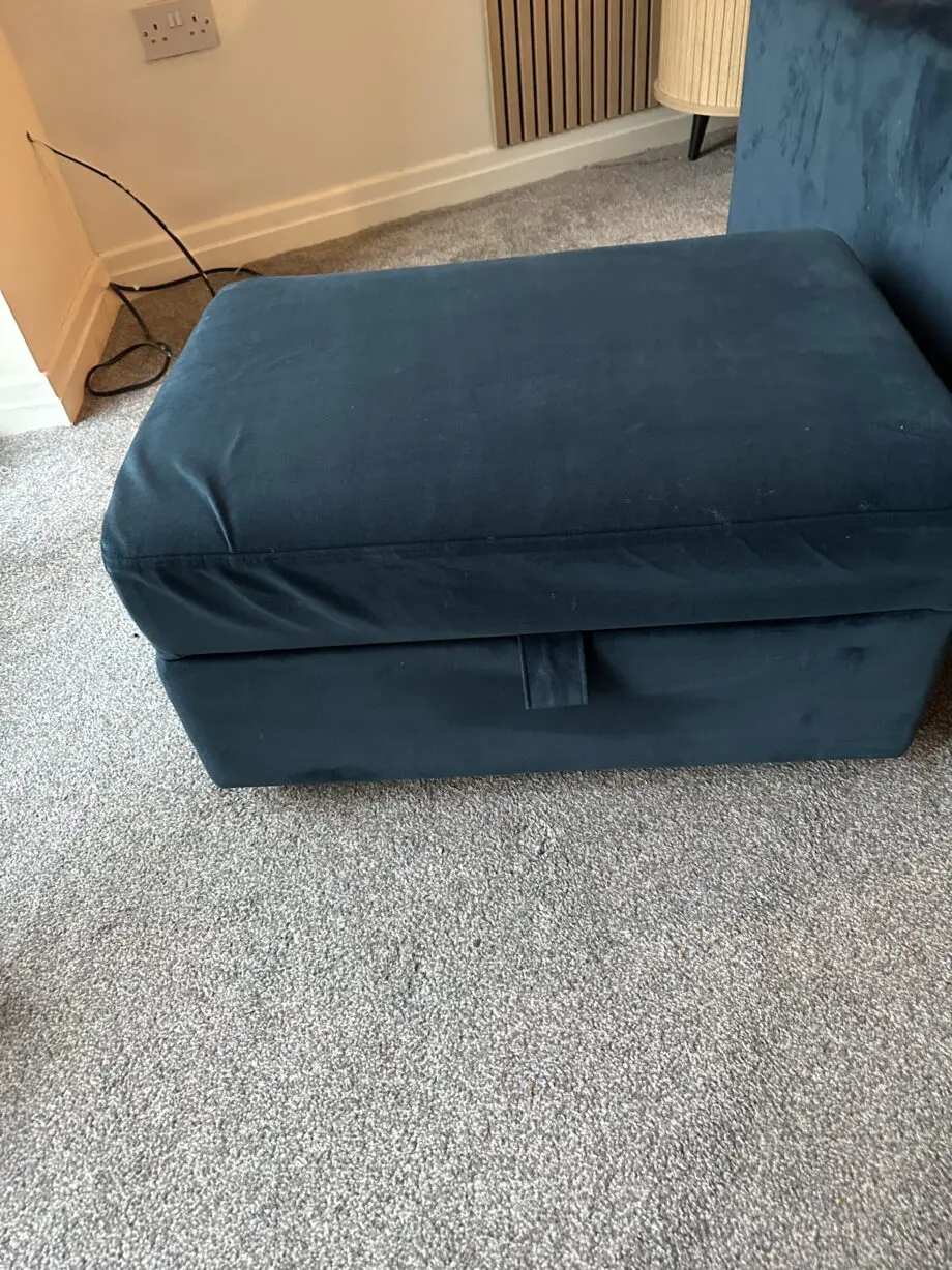 Dfs blue plush sofas 4 seater and 3 seater with footstool