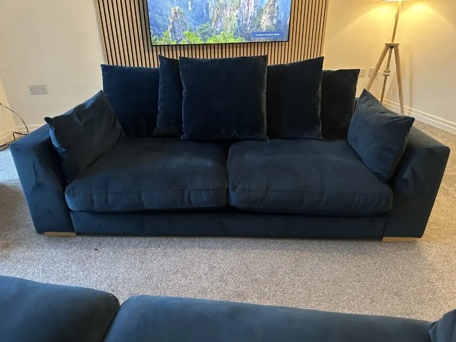 Dfs blue plush sofas 4 seater and 3 seater with footstool