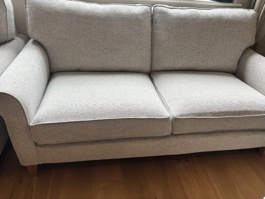 2x 3 seater Elphicks Polly sofas in grey herringbow with matching ottoman with storage