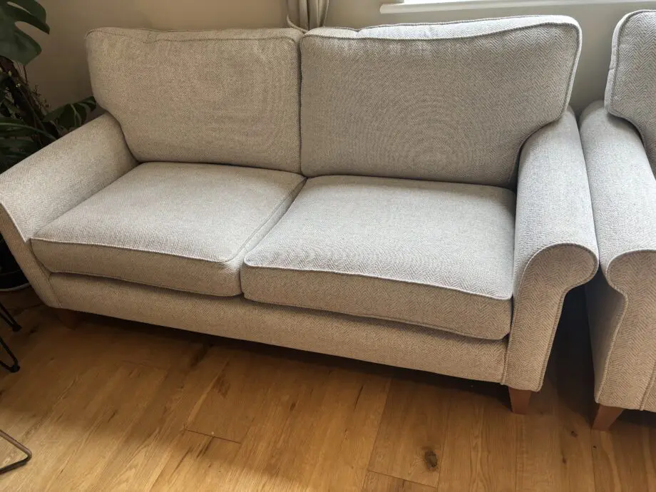 2x 3 seater Elphicks Polly sofas in grey herringbow with matching ottoman with storage