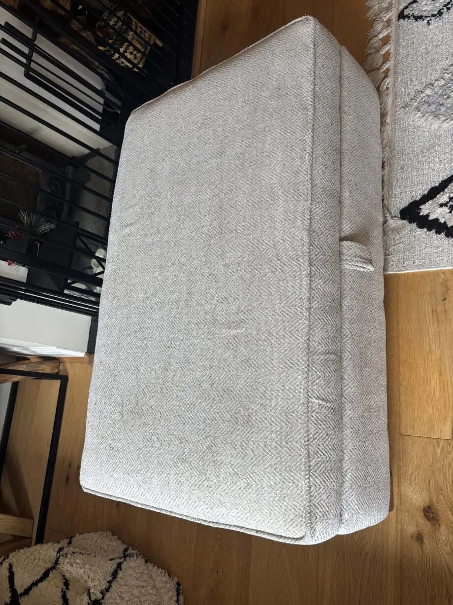 2x 3 seater Elphicks Polly sofas in grey herringbow with matching ottoman with storage