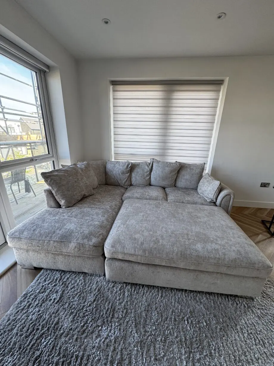 NCF living Battersea hand corner sofa in oatmeal, with fitting footstool left side corner