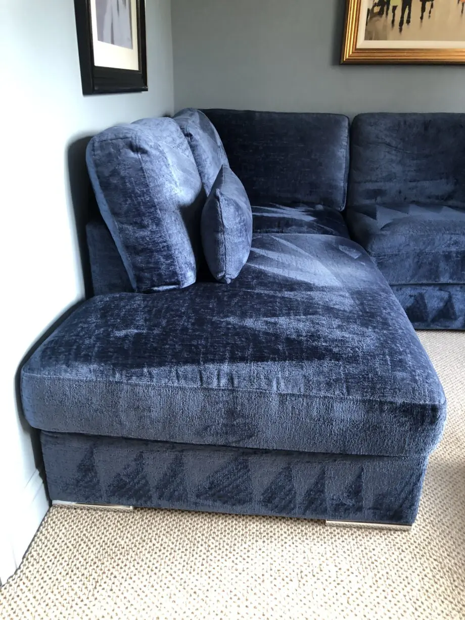 Blue velour corner settee by Quattropi
