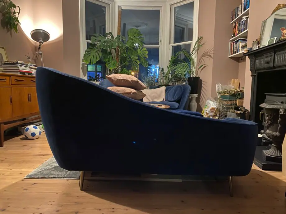Made blue velvet kooper sofa and chez long
