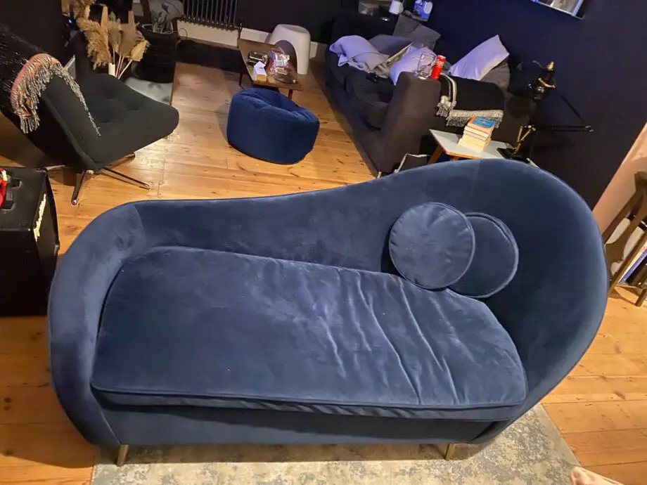 Made blue velvet kooper sofa and chez long