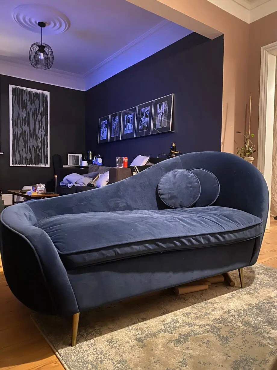 Made blue velvet kooper sofa and chez long