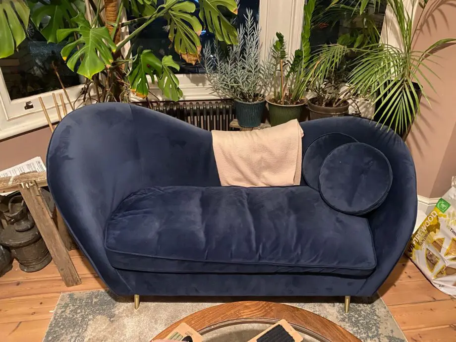 Made blue velvet kooper sofa and chez long