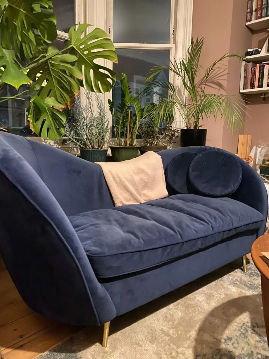 Made blue velvet kooper sofa and chez long