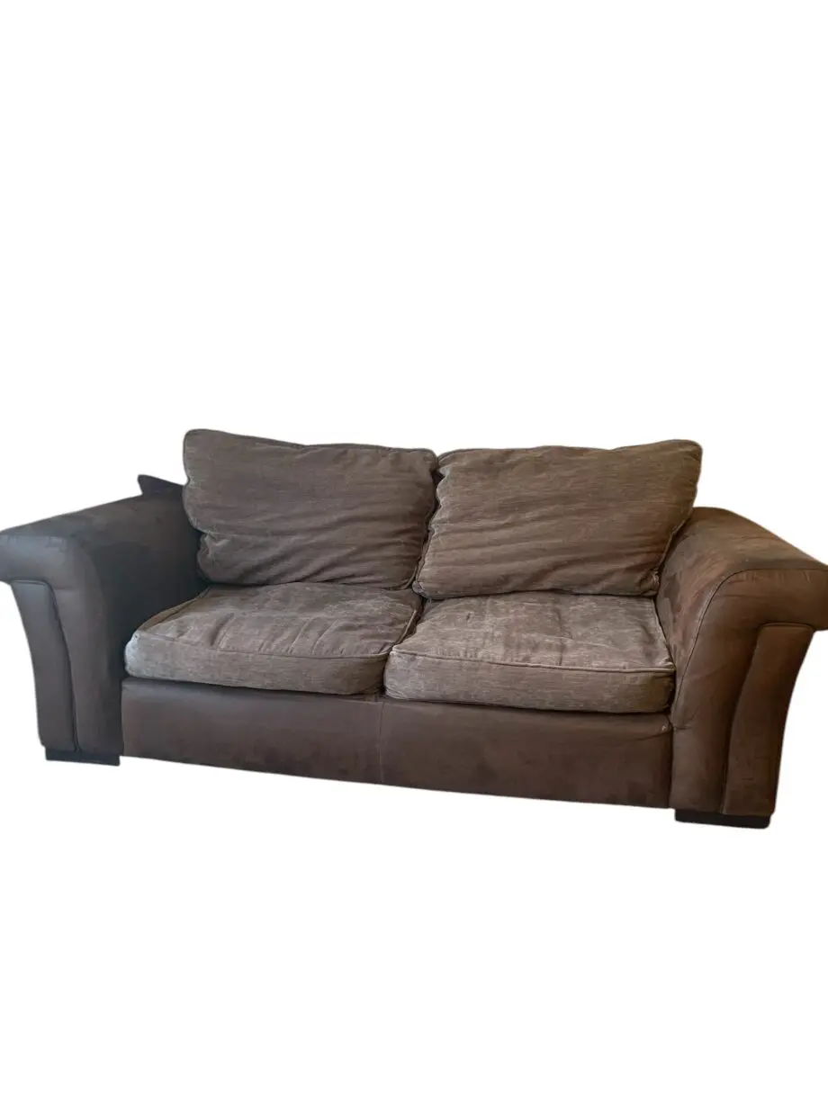 DFS Sofa set from Rissington range, brown suede frame with beige velvet sofa cushions. Comes with a footstool.