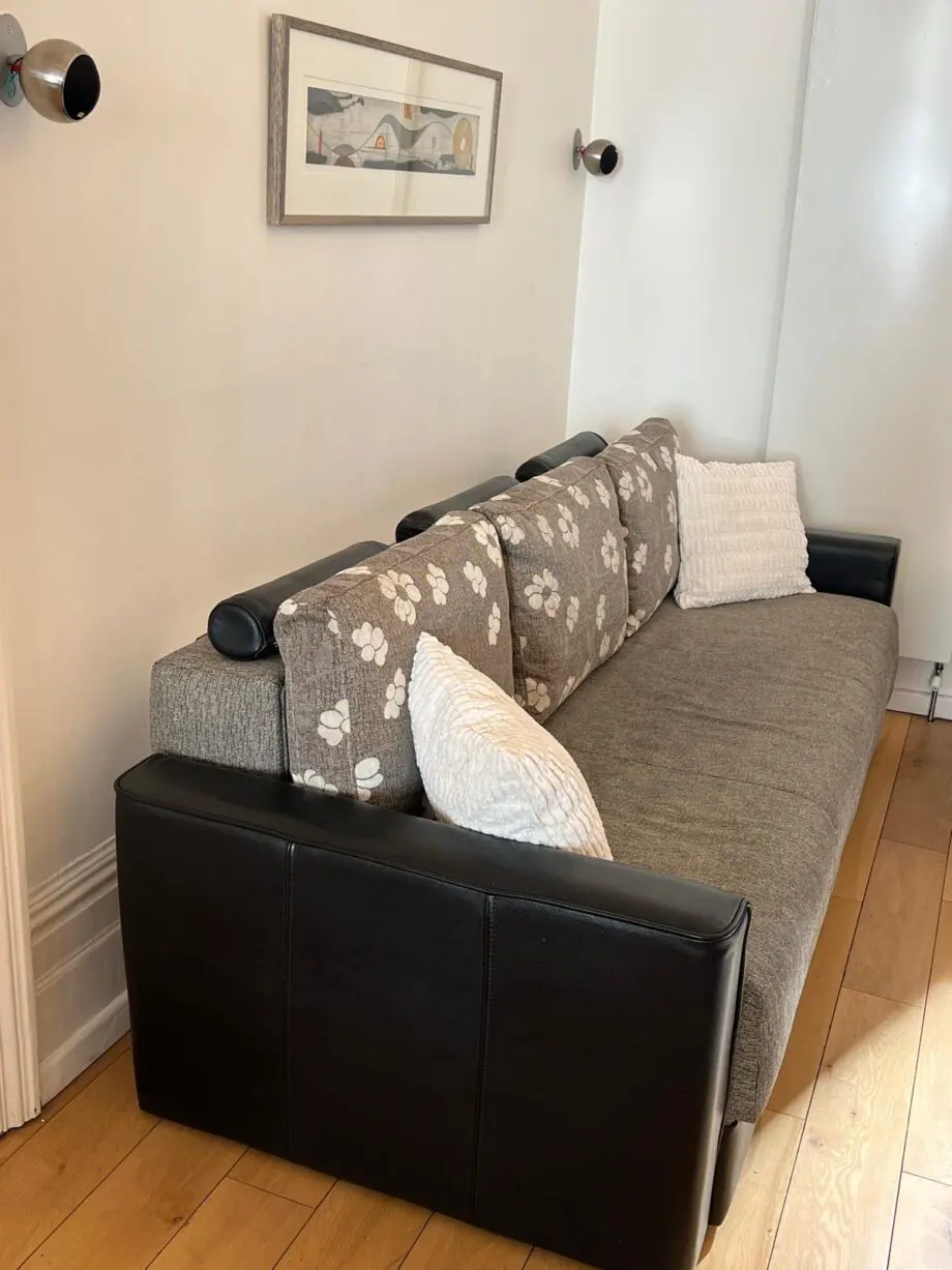 Sofa Bed with storage in fabric and natural leather with two sets of back cushions