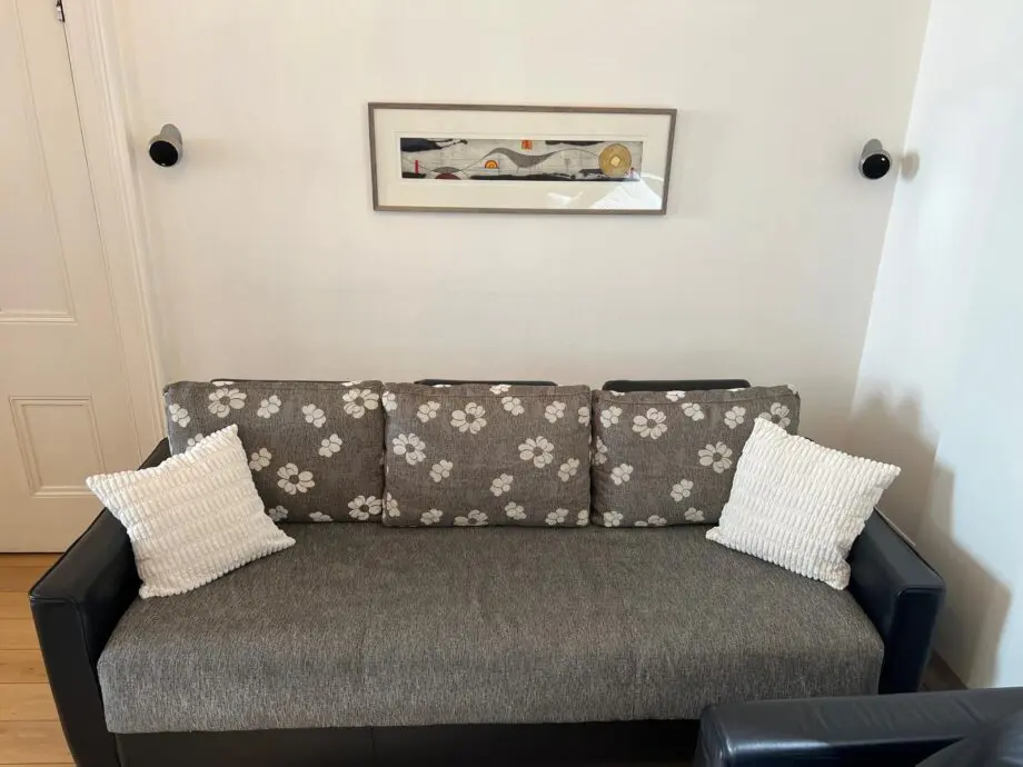 Sofa Bed with storage in fabric and natural leather with two sets of back cushions