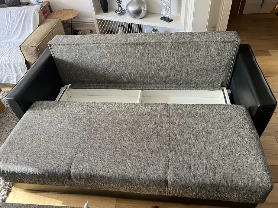 Sofa Bed with storage in fabric and natural leather with two sets of back cushions