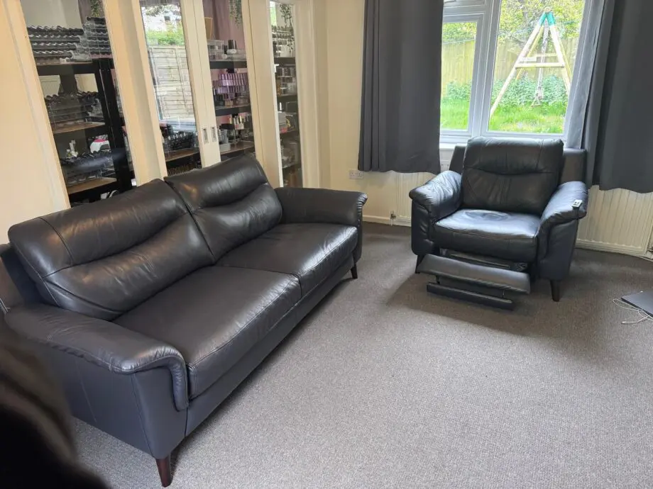 Dark Blue Leather DFS Garrett 3 seater + Electric recliner sofa