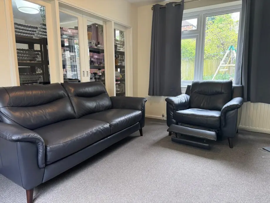 Dark Blue Leather DFS Garrett 3 seater + Electric recliner sofa