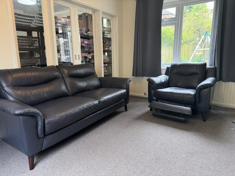 Dark Blue Leather DFS Garrett 3 seater + Electric recliner sofa