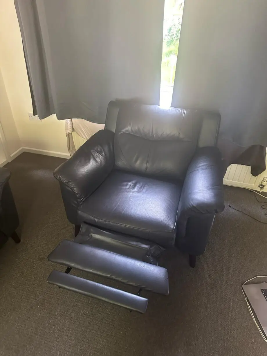 Dark Blue Leather DFS Garrett 3 seater + Electric recliner sofa