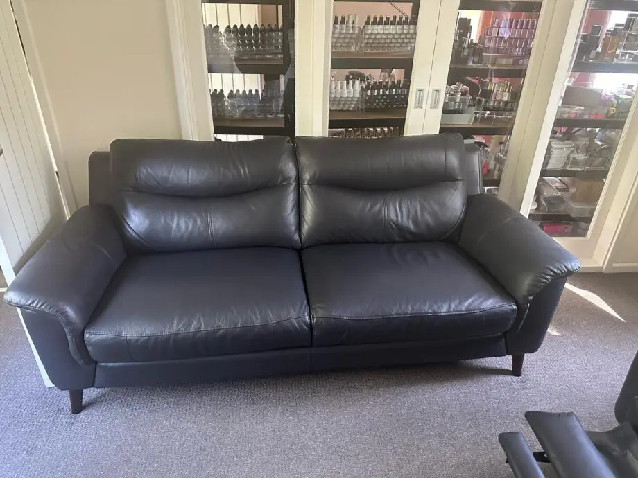 Dark Blue Leather DFS Garrett 3 seater + Electric recliner sofa