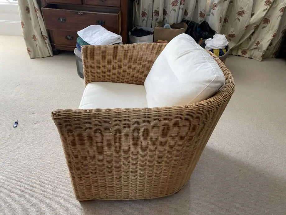 2 John Lewis Rattan armchairs with white cushions
