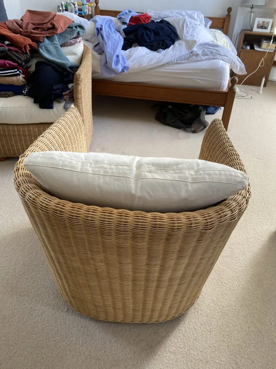 2 John Lewis Rattan armchairs with white cushions