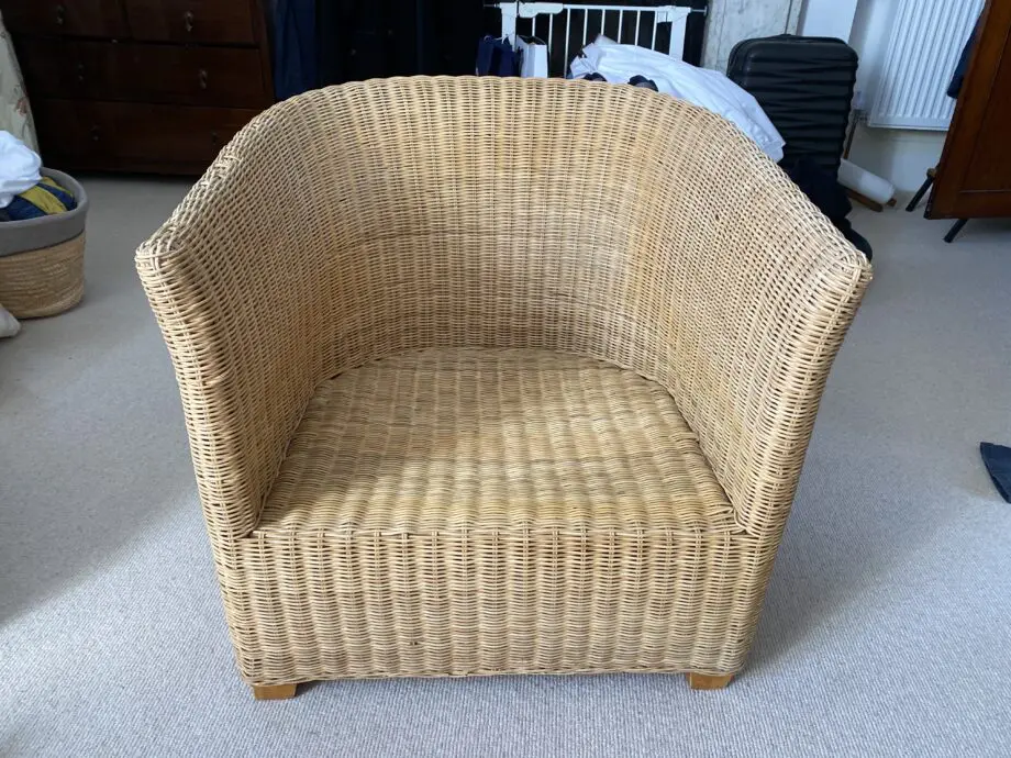 2 John Lewis Rattan armchairs with white cushions