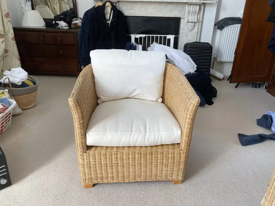 2 John Lewis Rattan armchairs with white cushions